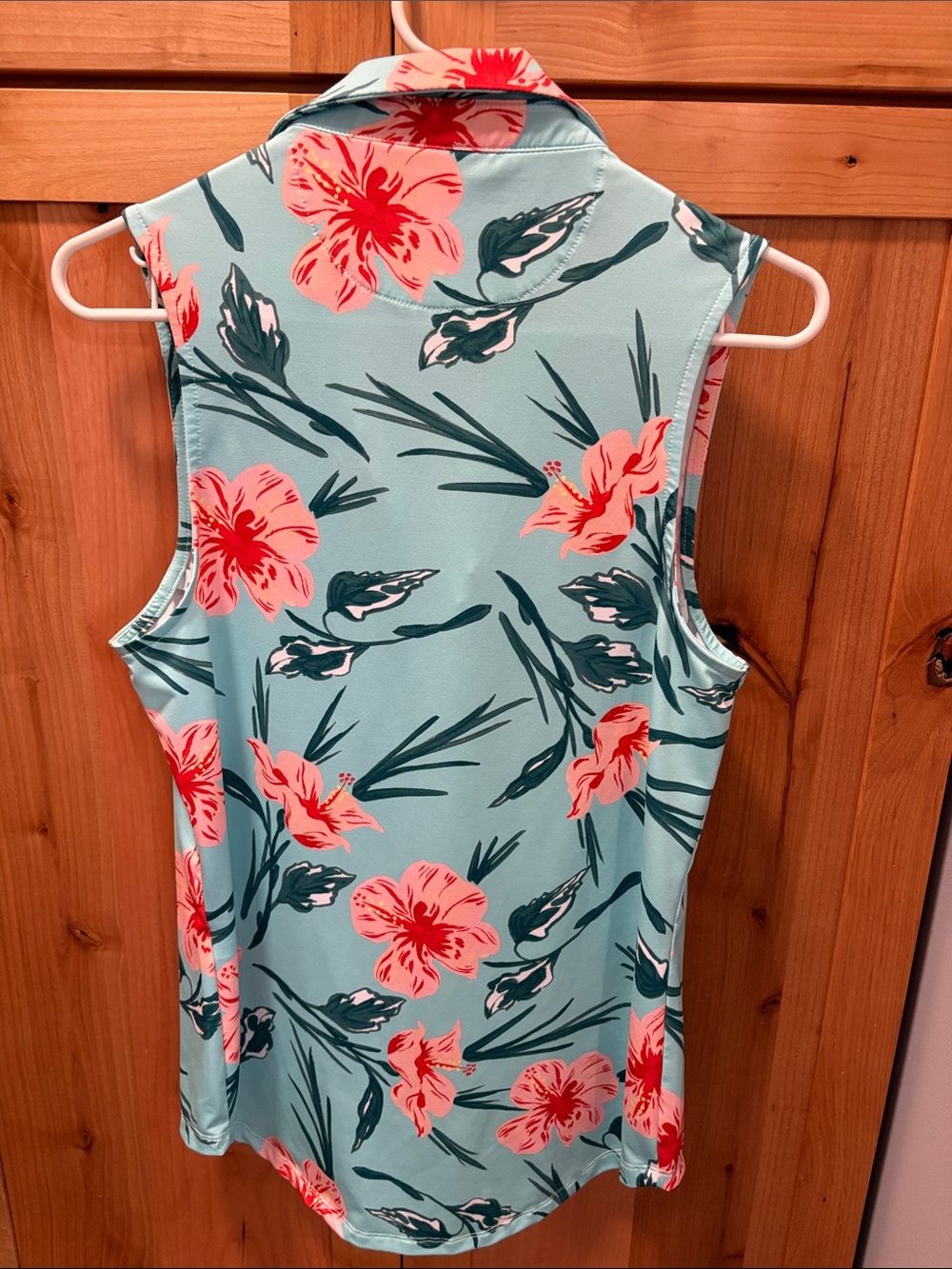 Bad Birdie Coral Floral Sleeveless Polo Tank on Aqua Base - Picture 2 of 4